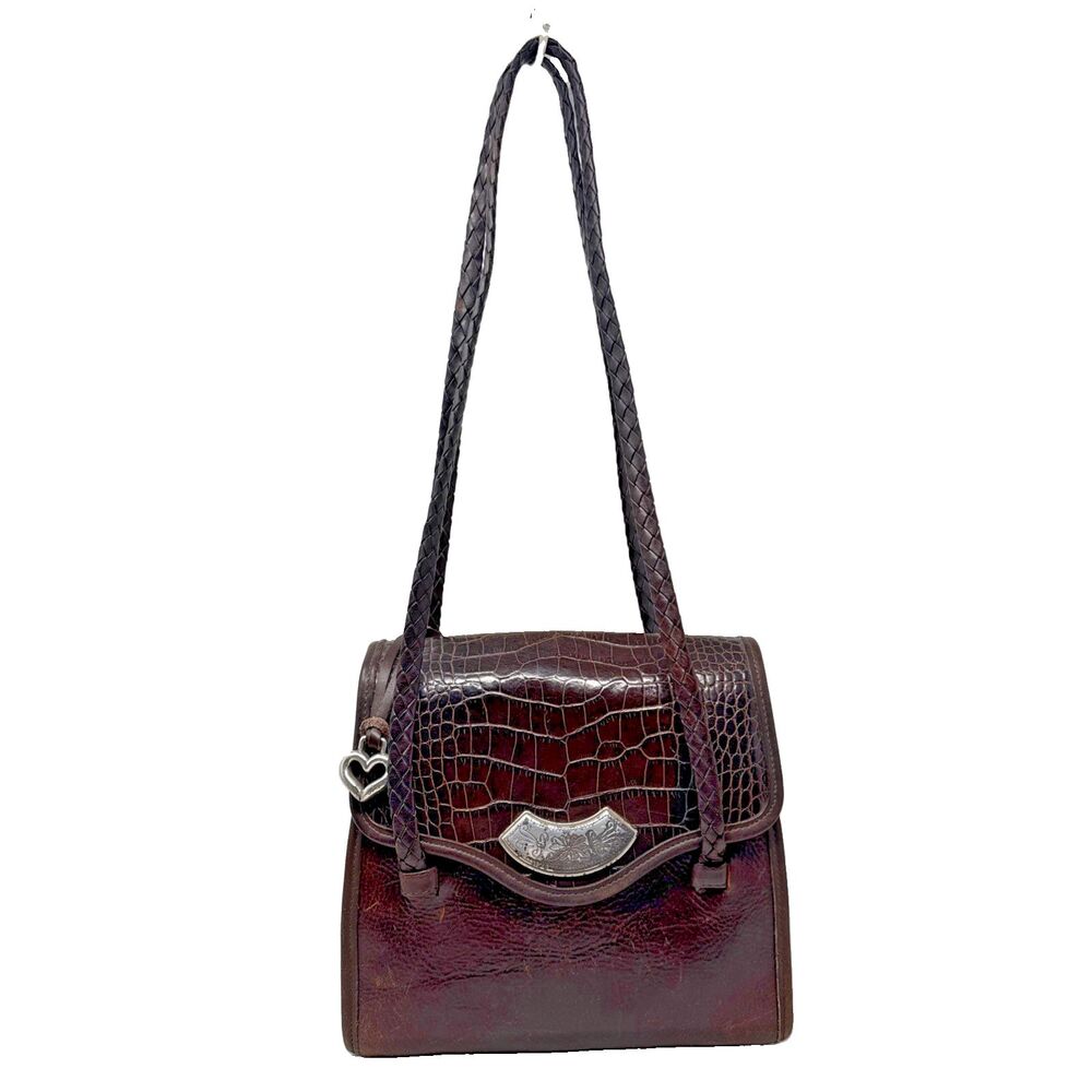 Brighton Croc Embossed Leather Satchel Shoulder Bag Dk. Brown Distressed Western